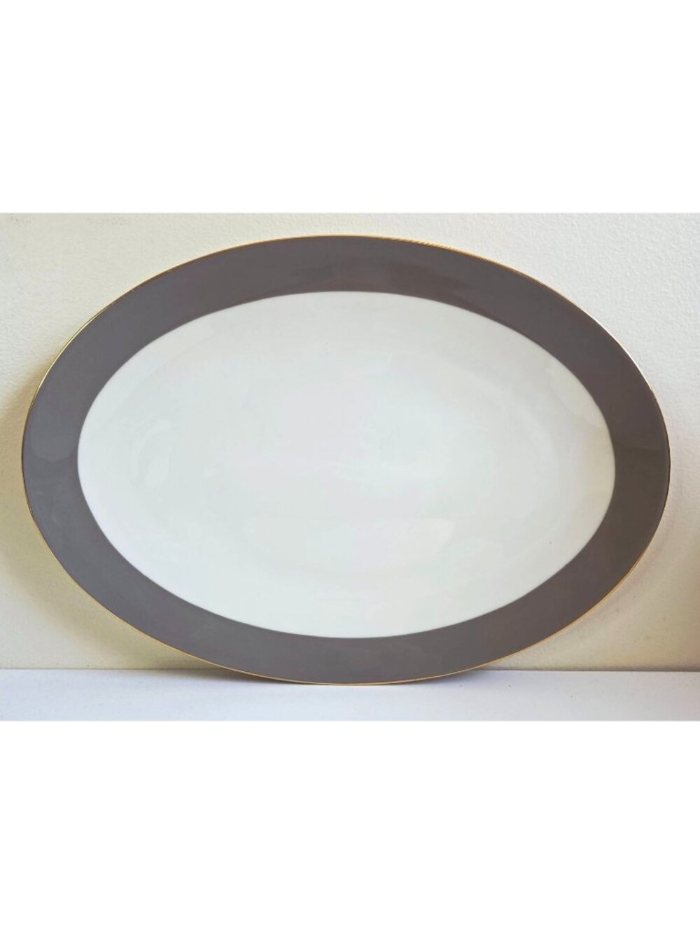 Vtg Lenox Trenton Oval Serving Platter MCM Gray Band Gold Rim 16" Party Tray